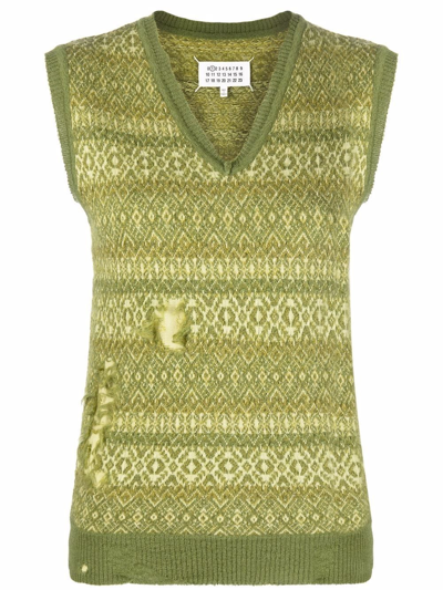 Shop Maison Margiela Fair Isle Distressed-effect Knitted Vest In Green