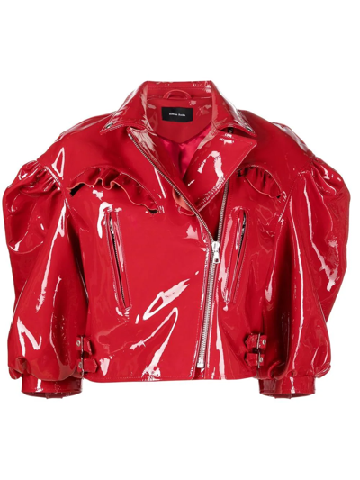 Shop Simone Rocha Cropped Patent Leather Biker Jacket In Red