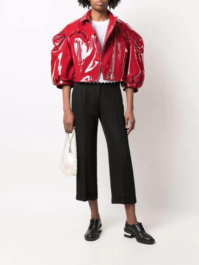 Shop Simone Rocha Cropped Patent Leather Biker Jacket In Red
