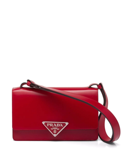 Prada Triangle Logo Spazzolato Leather Shoulder Bag In Rot | ModeSens