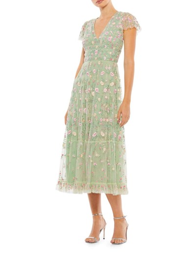 Shop Mac Duggal Women's Floral Midi Dress In Sage Multi