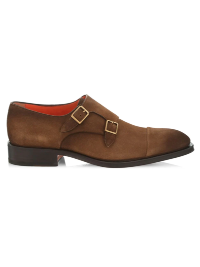 Shop Santoni Men's Suede Monk Strap Shoes In Brown