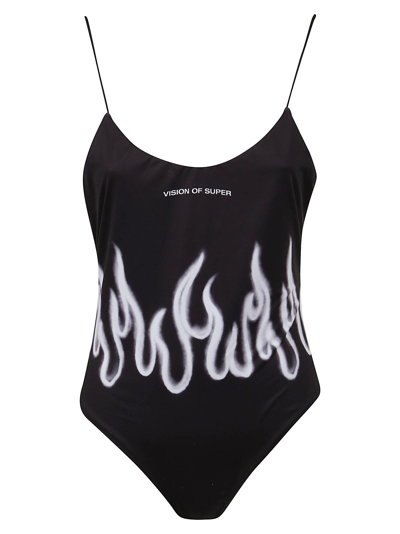 Shop Vision Of Super Black Swimwear With White Spray Flames