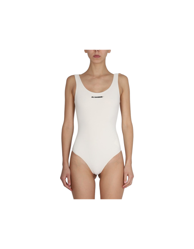 Shop Jil Sander One Piece Swimsuit With Logo Print In White