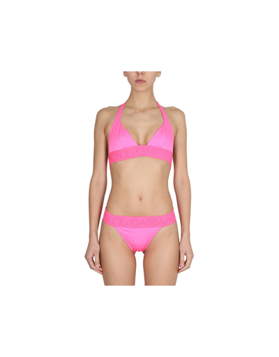 Shop Dolce & Gabbana Triangle Bikini With Logo In Fuchsia