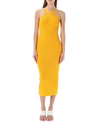 Shop Self-portrait Inserted Lace Knit Dress In Canary Yellow