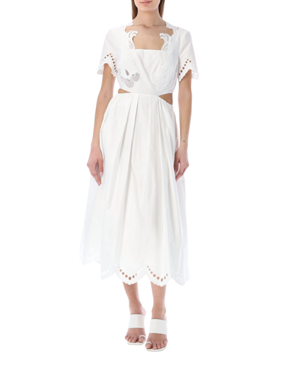 Shop Self-portrait Broderie Scallop Organic Cotton Midi Dress In White