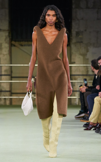 Shop Bottega Veneta Alpaca Mohair V-neck Midi Dress In Brown