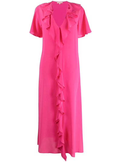 Shop Gold Hawk Ruffle-trim V-neck Long Dress In Rosa