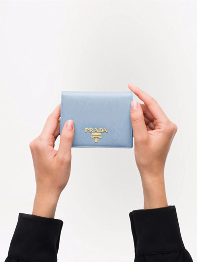 Shop Prada Logo-lettering Compact Wallet In Blau