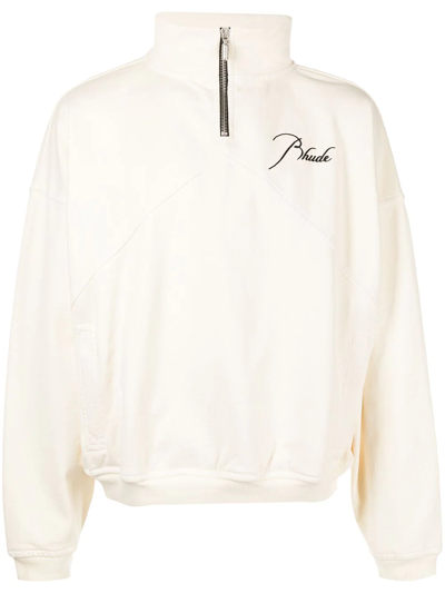 Shop Rhude Embroidered-logo Pullover Zip Sweatshirt In Neutrals