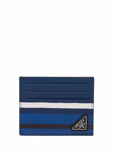 Shop Prada Horizontal-stripe Saffiano Leather Cardholder In Blau