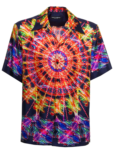 Shop Dolce & Gabbana Hawaii Man's Silk Shirt With Luminarie Print In Multicolor