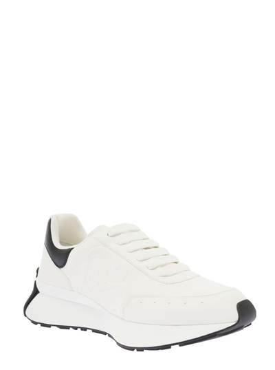 Shop Alexander Mcqueen Man's Sprint Runner White Leather  Sneakers In White/black