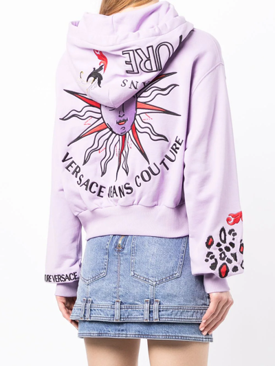 Shop Versace Jeans Couture Embroidered Cotton Hoodie In Purple