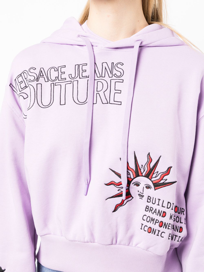 Shop Versace Jeans Couture Embroidered Cotton Hoodie In Purple