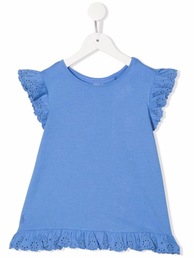 Shop Ralph Lauren Pointelle Flared-trim T-shirt In Blue