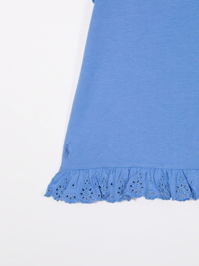 Shop Ralph Lauren Pointelle Flared-trim T-shirt In Blue