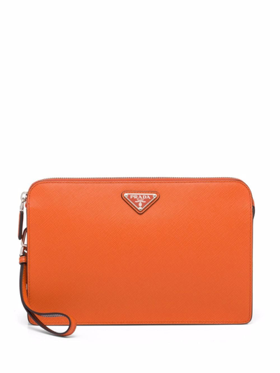 Shop Prada Saffiano Triangle-logo Pouch In Orange