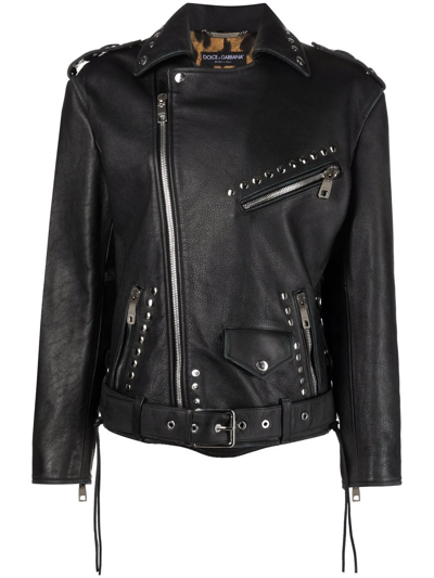 Shop Dolce & Gabbana Studded Belted Biker Jacket In Black