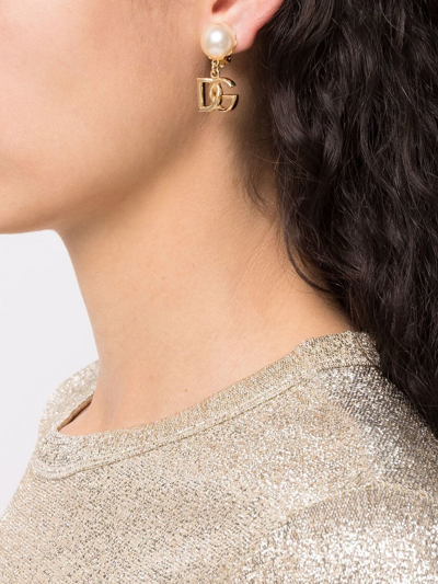 Dolce & Gabbana Logo Faux Pearl Earrings In Gold