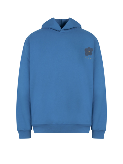 Shop Marni Logo Embroidered Hoodie In Blue