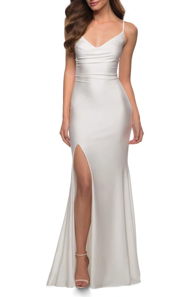 Shop La Femme Jersey Column Gown In White