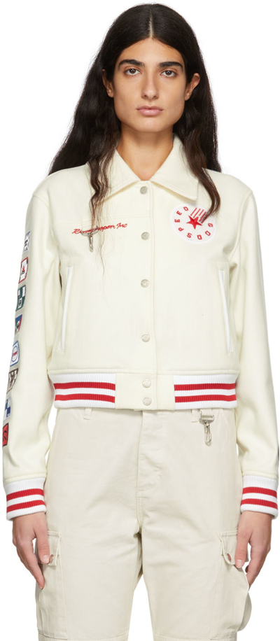 Shop Reese Cooper Off-white Wool Varsity Bomber Jacket