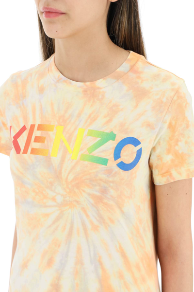 Shop Kenzo Tie-dye T-shirt With Rainbow Logo In Orange,beige,grey