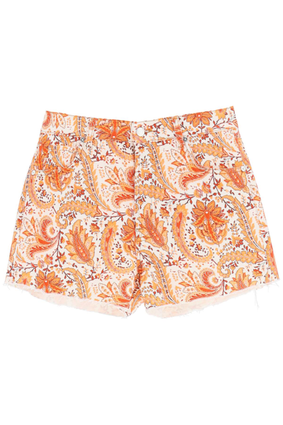 Shop Etro Paisley Denim Shorts In White,orange
