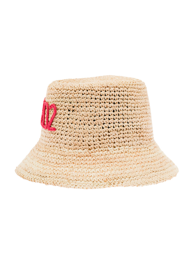 Shop Dsquared2 D-squared2 Womans Straw Hat With Logo In Beige