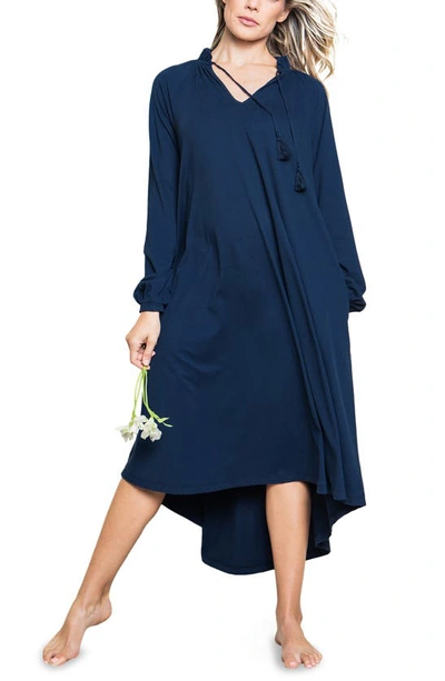 Shop Petite Plume Camille Long Sleeve Luxe Pima Cotton Nightgown In Navy