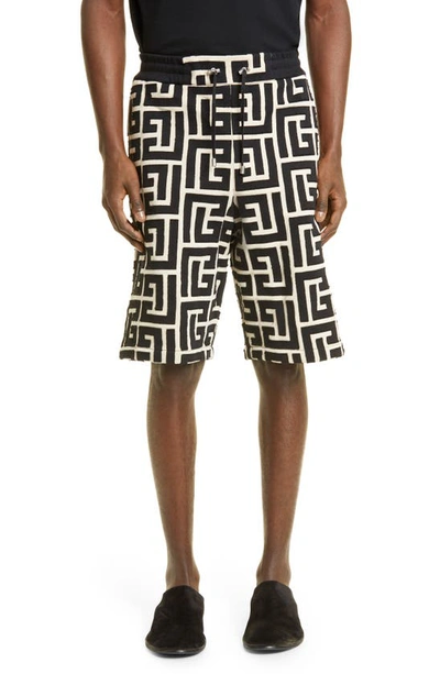 Shop Balmain Monogram Cotton Bermuda Shorts In Gfe - Ivory/ Noir