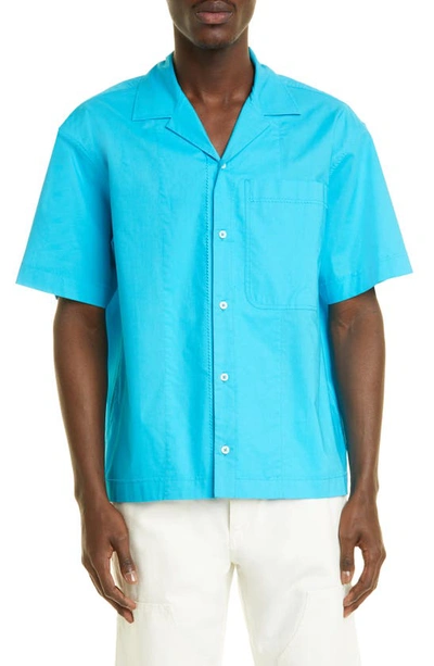 Shop Jacquemus La Chemise Blu Cotton Camp Shirt In Turquoise