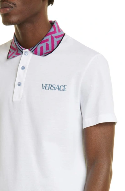 Shop Versace Tailored Fit Greca Collar Polo In Optical White