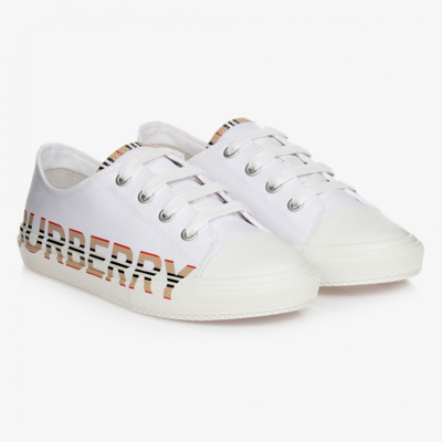 Shop Burberry White Logo Lace-up Trainers