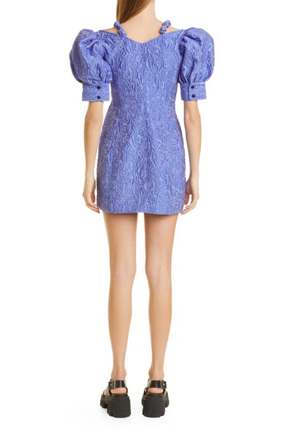 Shop Ganni Ruched Strap V-neck 3d Jacquard Minidress In Blue Iris