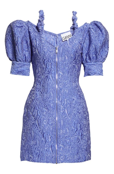 Shop Ganni Ruched Strap V-neck 3d Jacquard Minidress In Blue Iris