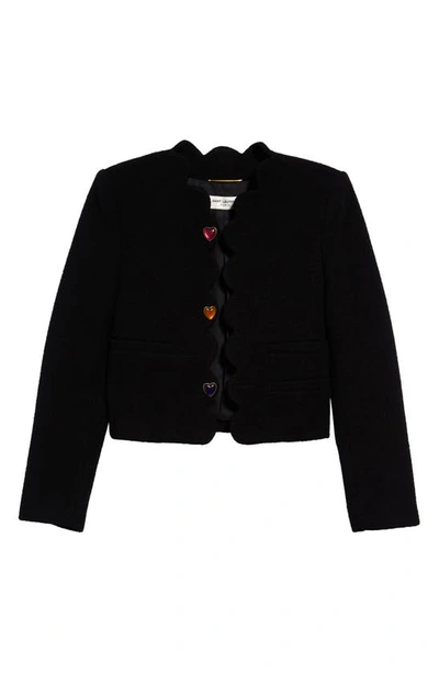 Shop Saint Laurent Heart Button Crop Bouclé Tweed Jacket In Noir