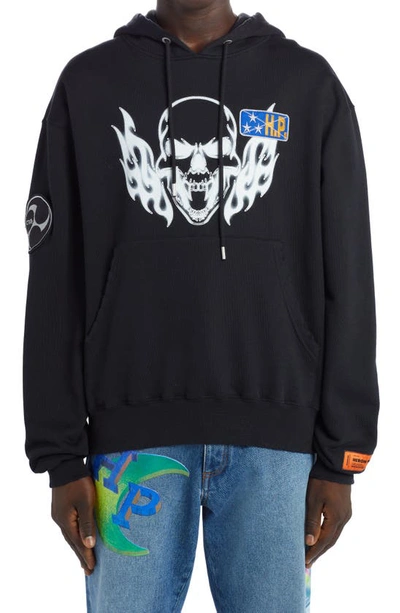 Shop Heron Preston Oversize Flaming Skull Distressed Pullover Hoodie In Black White