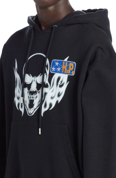 Shop Heron Preston Oversize Flaming Skull Distressed Pullover Hoodie In Black White