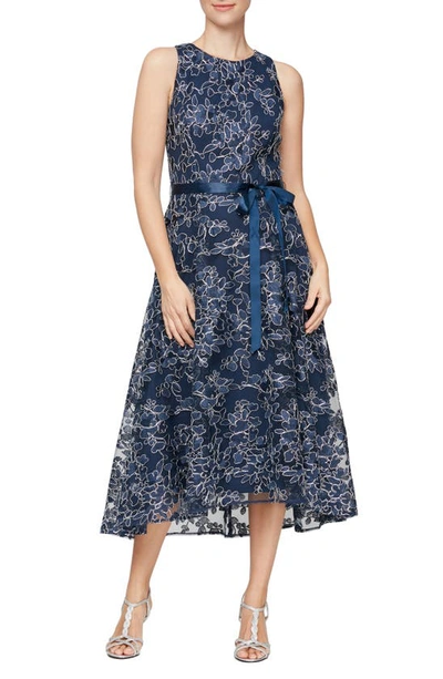 Shop Alex & Eve Embroidered Sleeveless Cocktail Dress In Navy