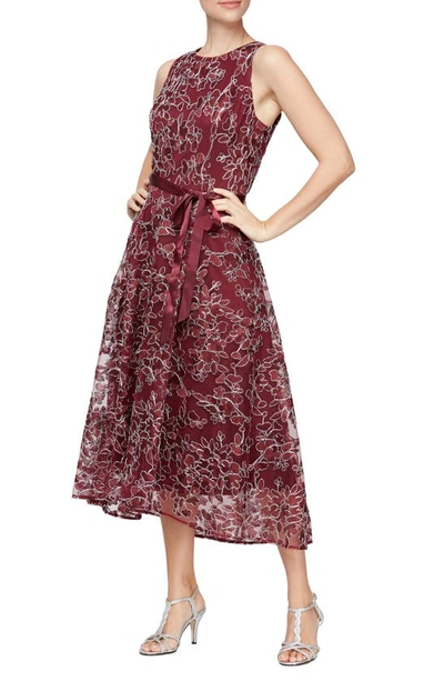 Shop Alex & Eve Embroidered Sleeveless Cocktail Dress In Wine