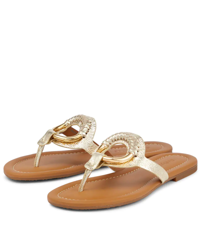 Shop See By Chloé Hana Leather-trimmed Thong Sandals In Gold