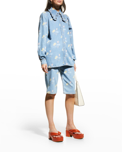 Shop Ganni Floral Button-front Ruffle Collar Shirt In Bleach Blue