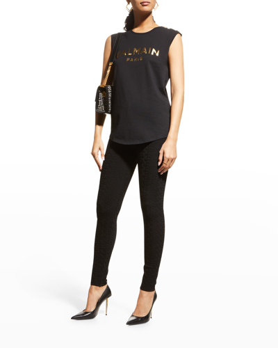 Shop Balmain Monogram Textured Knit Leggings In Black