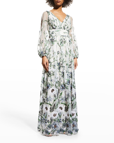 Shop Marchesa Notte Floral-embroidered Tulle Gown In Ivory