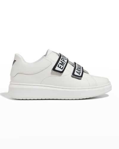 Shop Emporio Armani Boy's Double Grip-strap Leather Shoes In 00001white