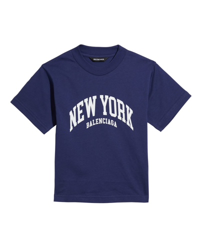 Shop Balenciaga Kid's New York Logo-print T-shirt In Marine Bluewhite