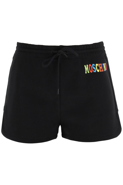 Shop Moschino Sweatshorts With Multicolor Logo In Black